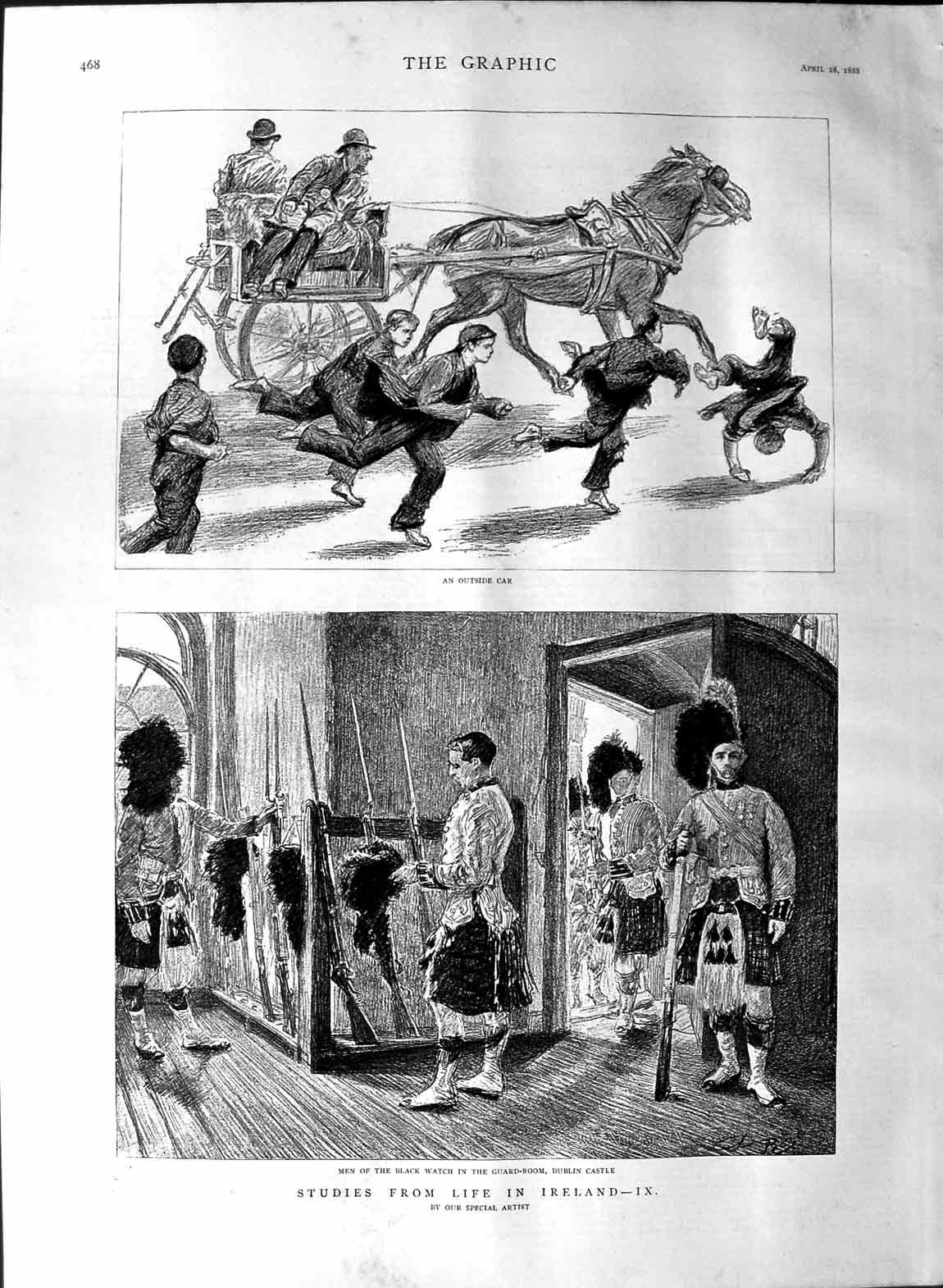 Original Old Antique Print 1888 Life Ireland Black Watch Siers Dublin Castle