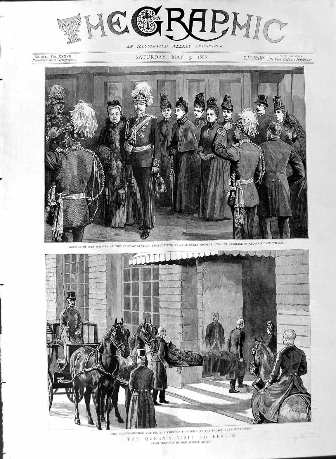 Old Antique Print 1888 Queen Berlin Charlottenburg Railway Station Palace 19th