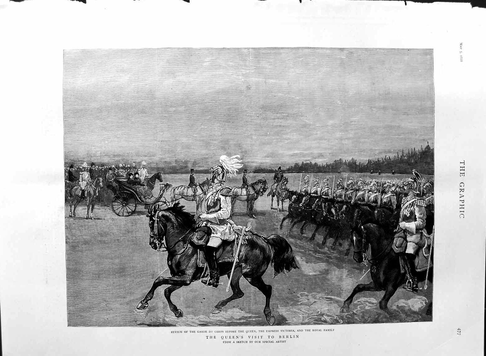 Old Antique Print 1888 Queen Berlin Garde Du Corps Empress Victoria Horse 19th