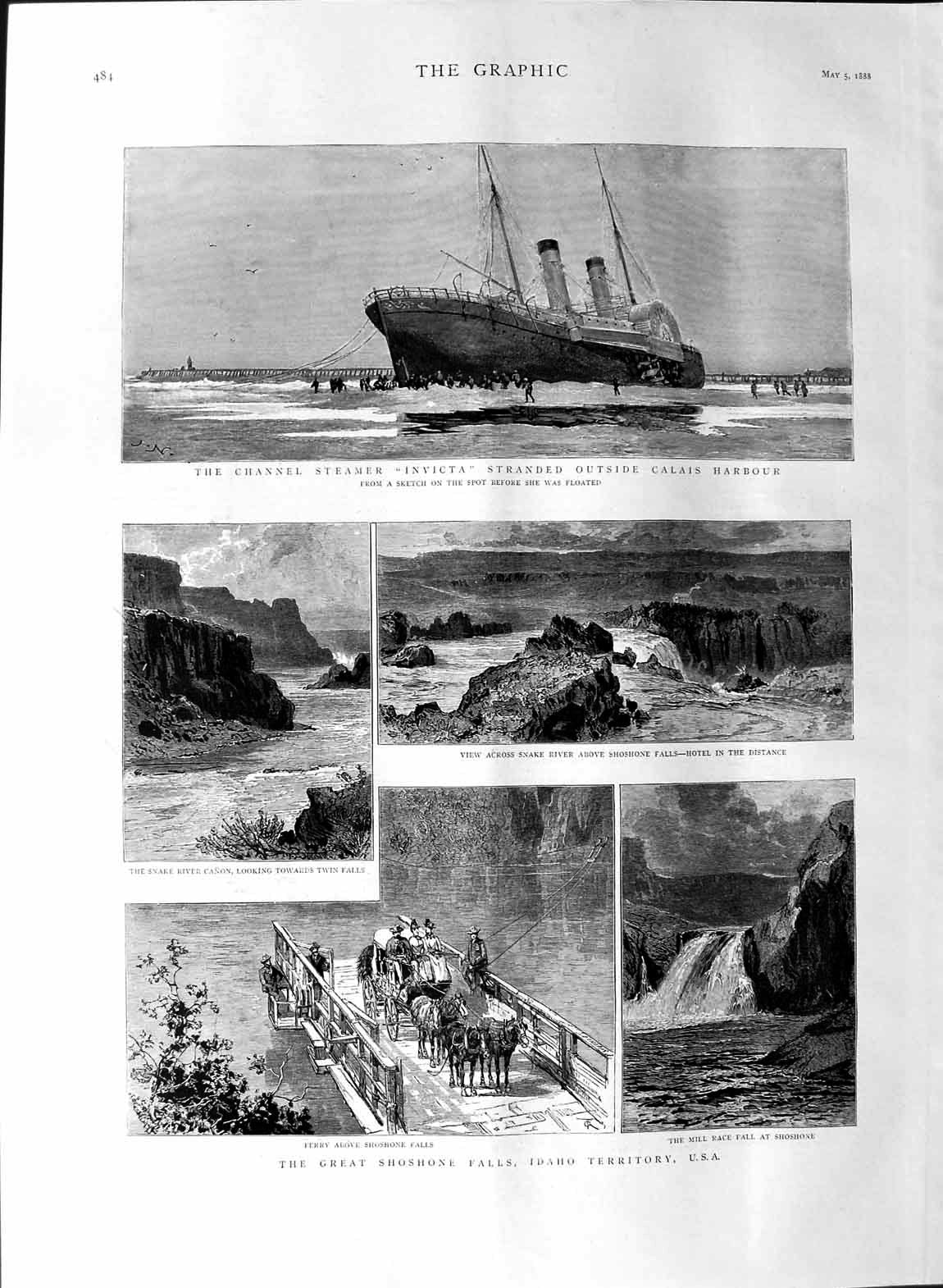 Old Antique Print 1888 Channel Steamer Invicta Shoshone Falls Idaho U.S.A 19th