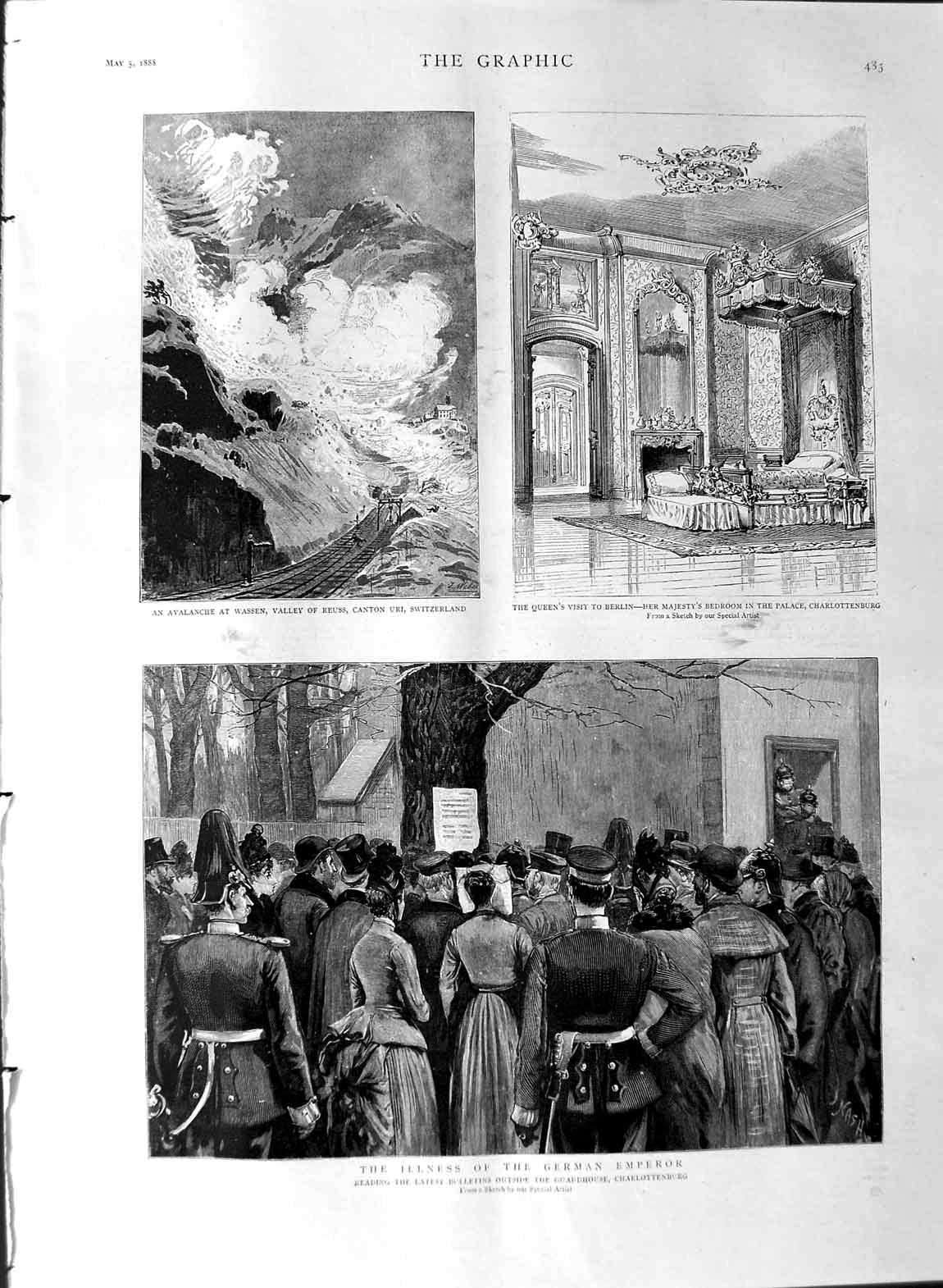 Original Old Antique Print 1888 German Emperor Chalottenburg Avalanche Wassen