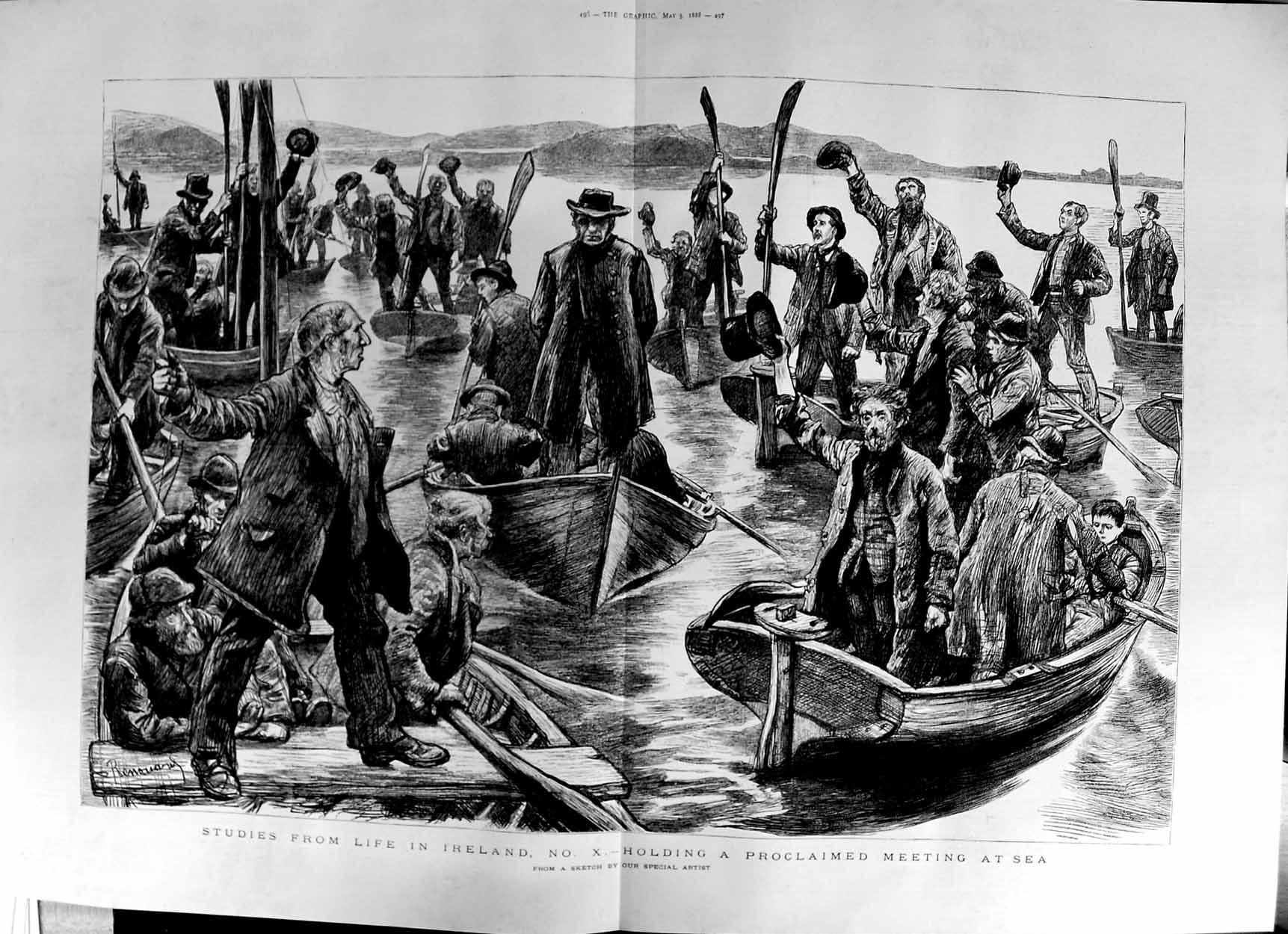 Old Antique Print 1888 Life Ireland Proclaimed Meeting Sea Boats People 19th