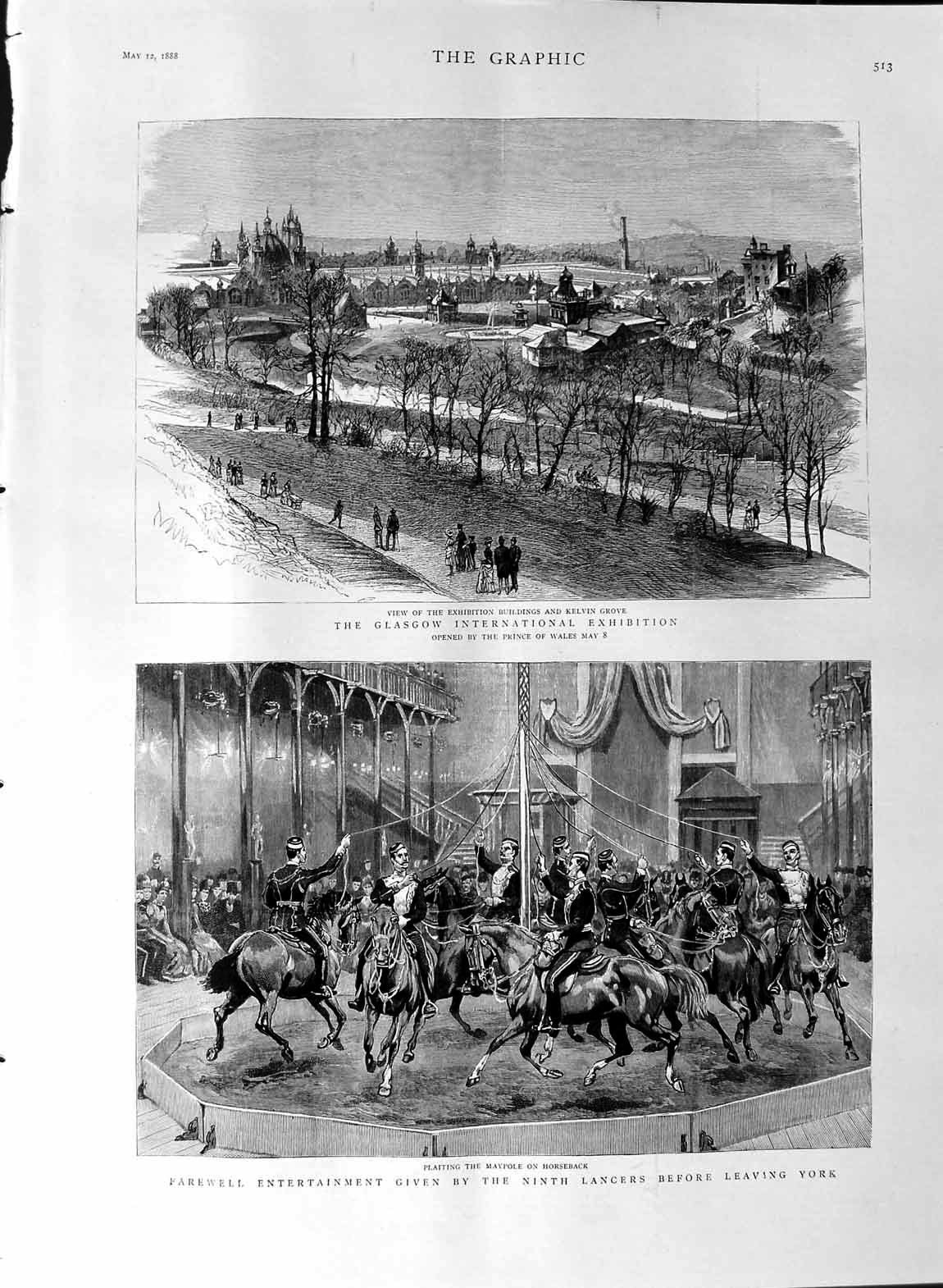 Old Antique Print 1888 Kelvin Grove Glasgow Maypole Horses York Lancers 19th