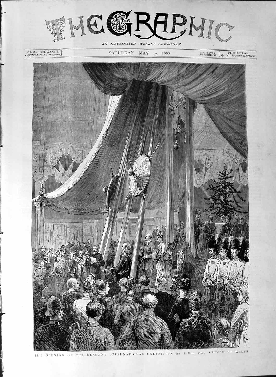 Original Old Antique Print 1888 Glasgow International Exhibition Prince Wales