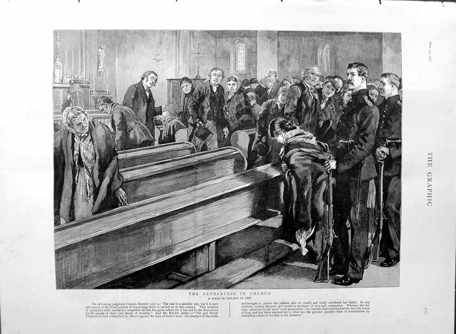 Original Old Antique Print 1888 Church Scene Ireland Captain Massey Fine Art