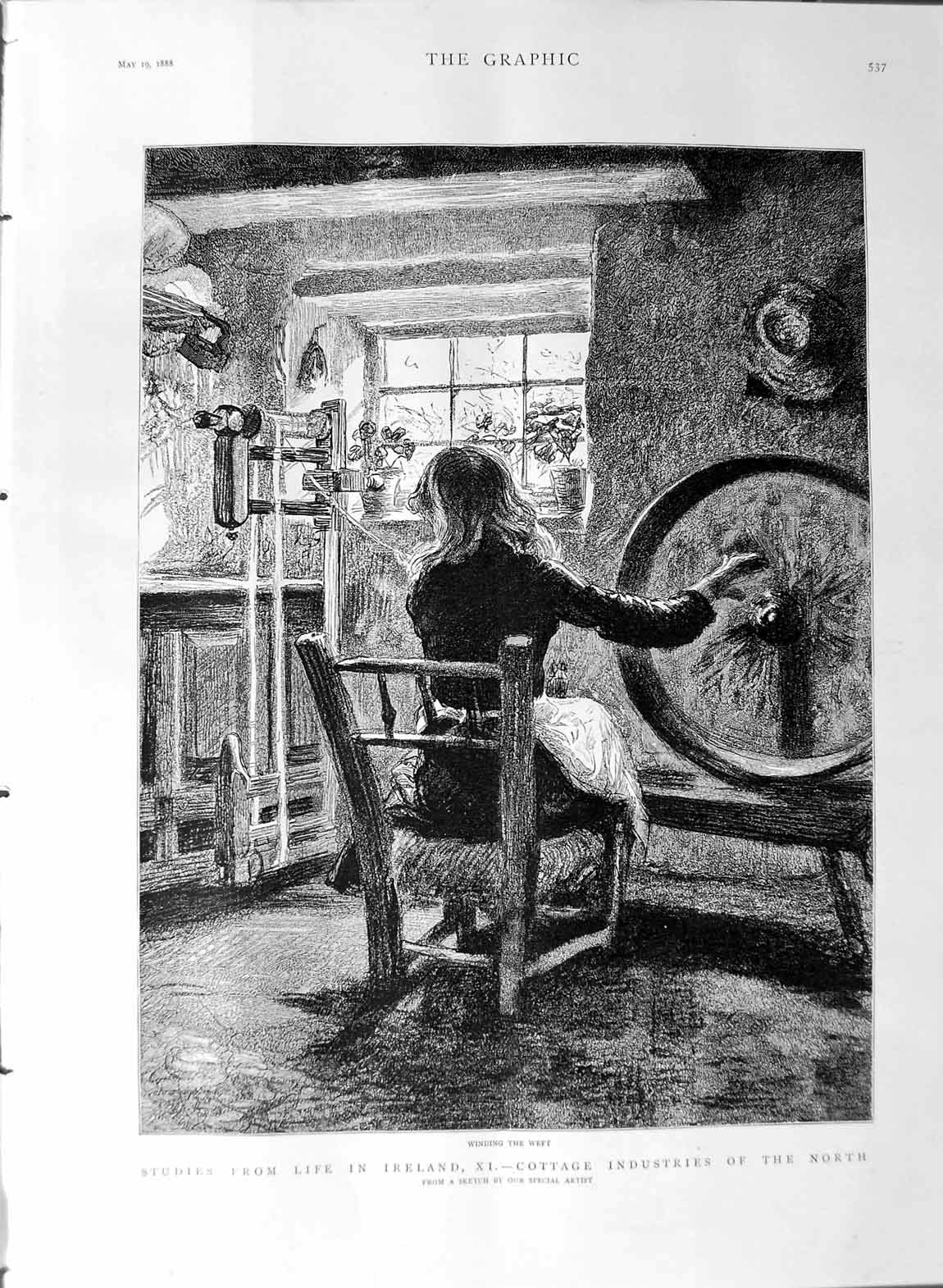Old Antique Print 1888 Life Ireland Cottage Industries Spinning Wool Weft 19th
