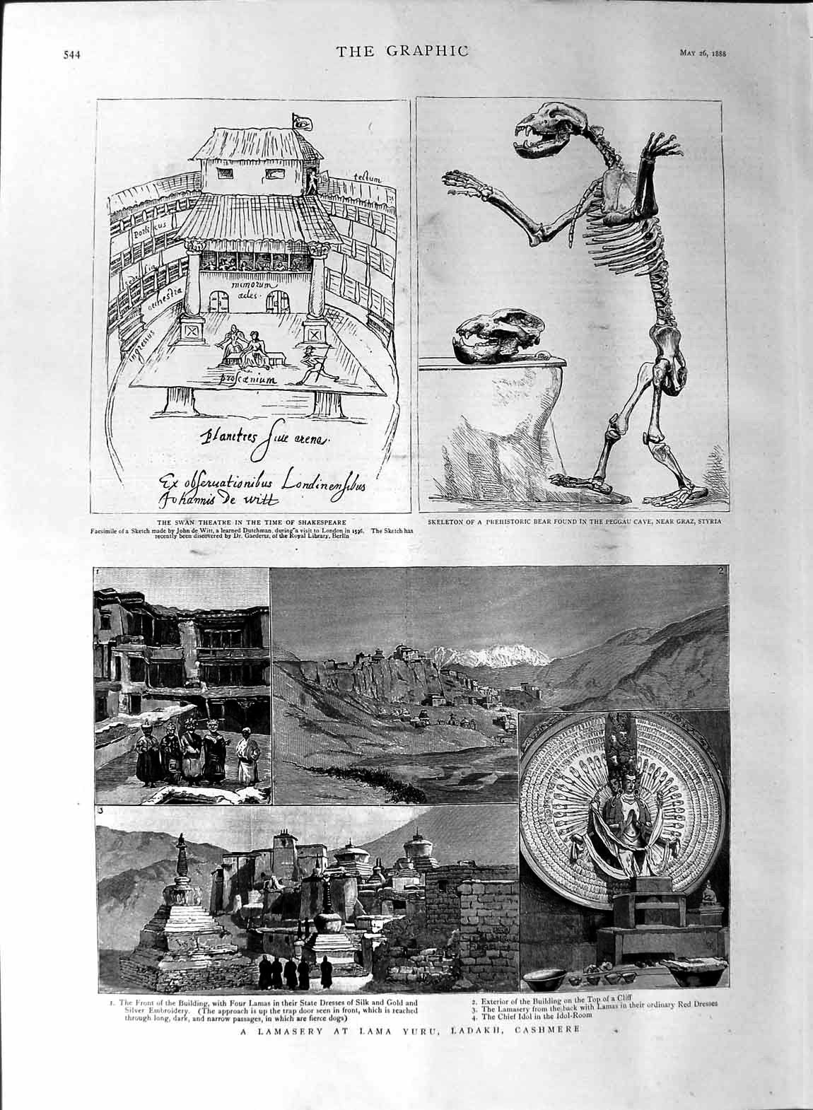 Original Old Antique Print 1888 Lamasery Yuru Cashmere Swan Theatre Shakespeare