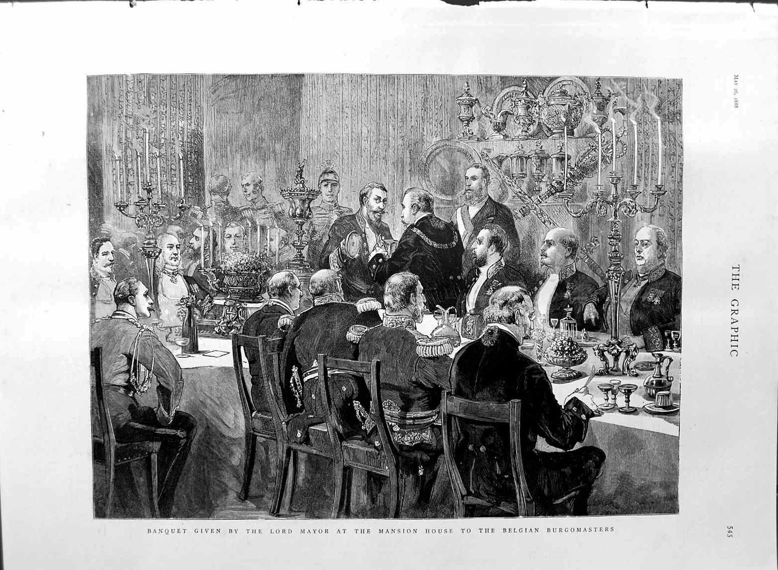 Old Antique Print 1888 Banquet Mayor Mansion House Belgian Burgomasters 19th