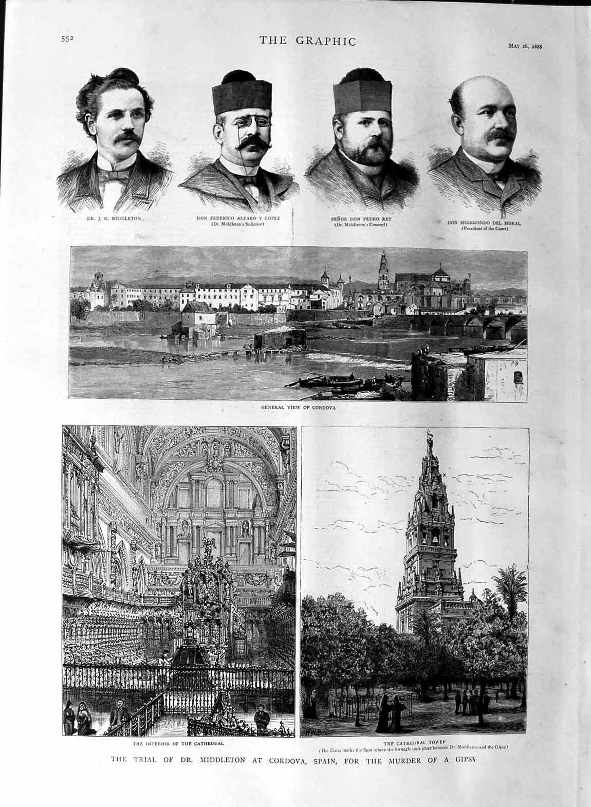 Original Old Antique Print 1888 Middleton Spain Gipsy Murder Cathedral Cordova