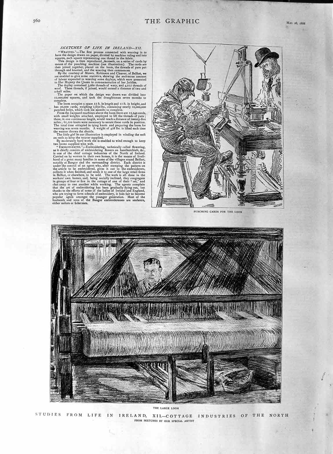 Old Antique Print 1888 Life Ireland Cottage Industries Spinning Wool Loom 19th