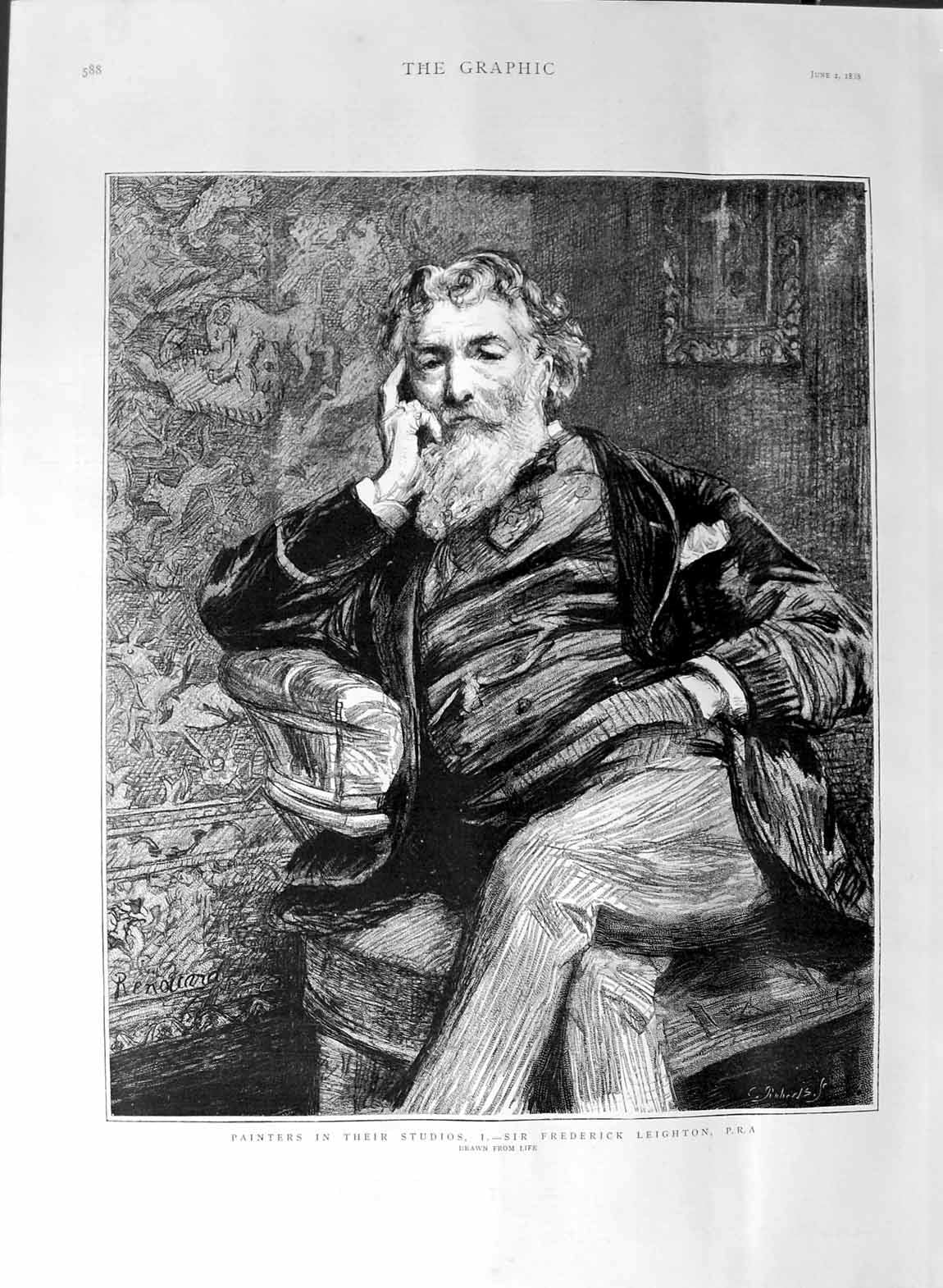 Original Old Antique Print 1888 Portrait Artist Sir Frederick Leighton 19th