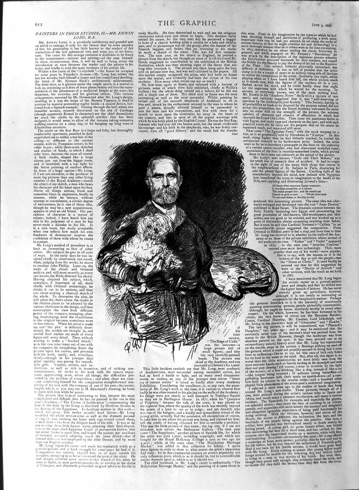 Original Old Antique Print 1888 Portrait Painter Studio Edwin Long Artist 19th