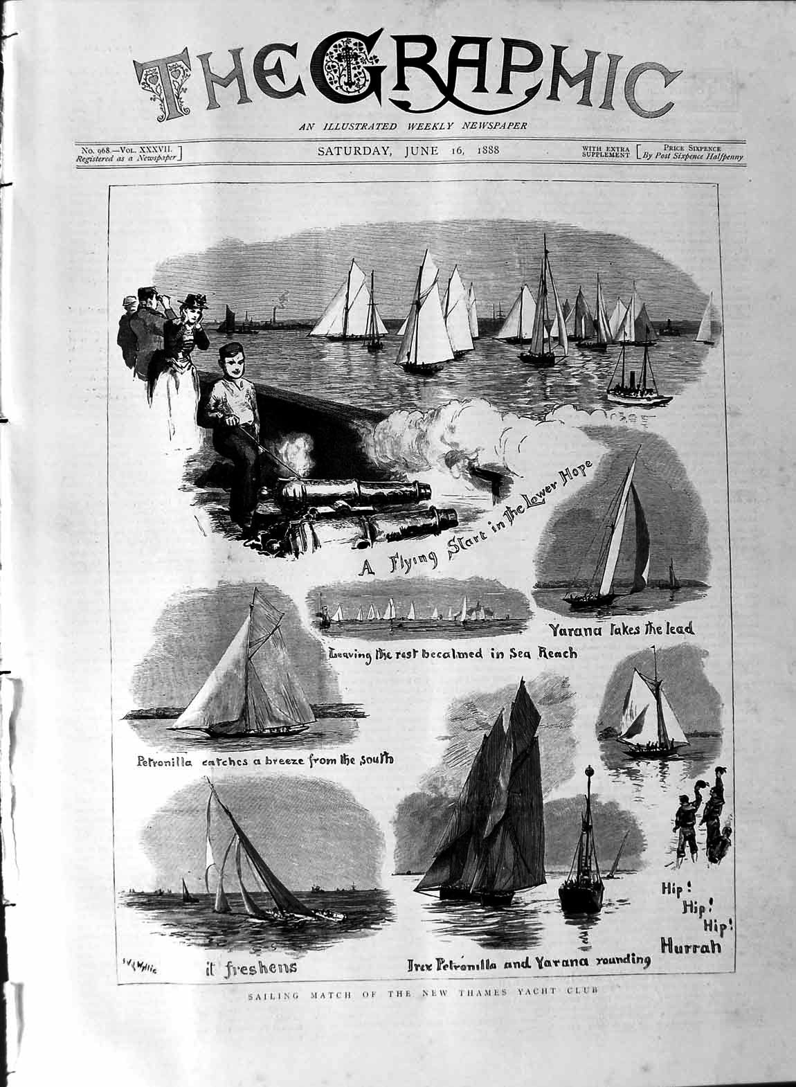 Old Antique Print 1888 Sailing Match Thames Yacht Club Petronilla Yarana 19th