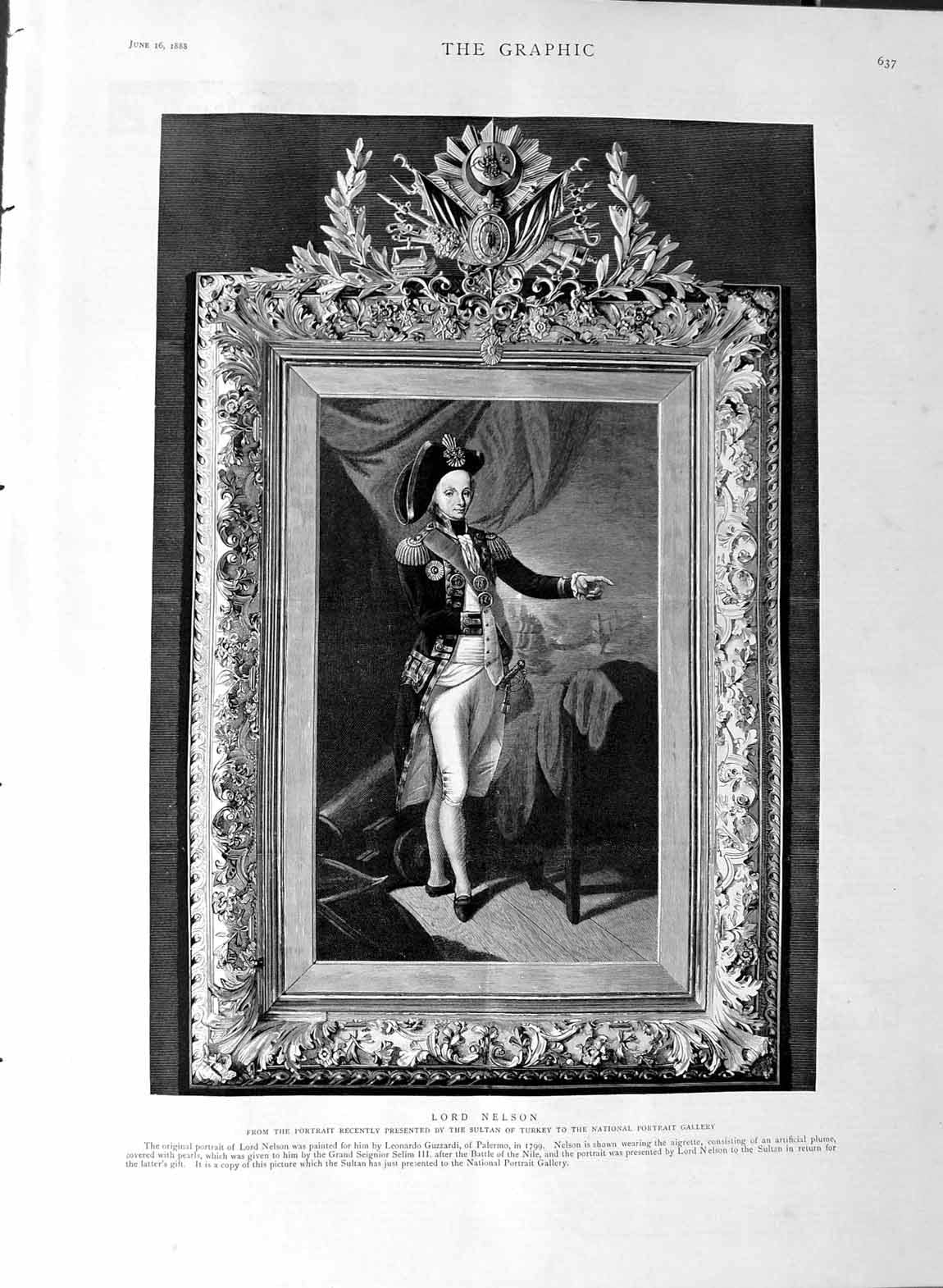 Original Old Antique Print 1888 Portrait Lord Nelson National Gallery Victorian