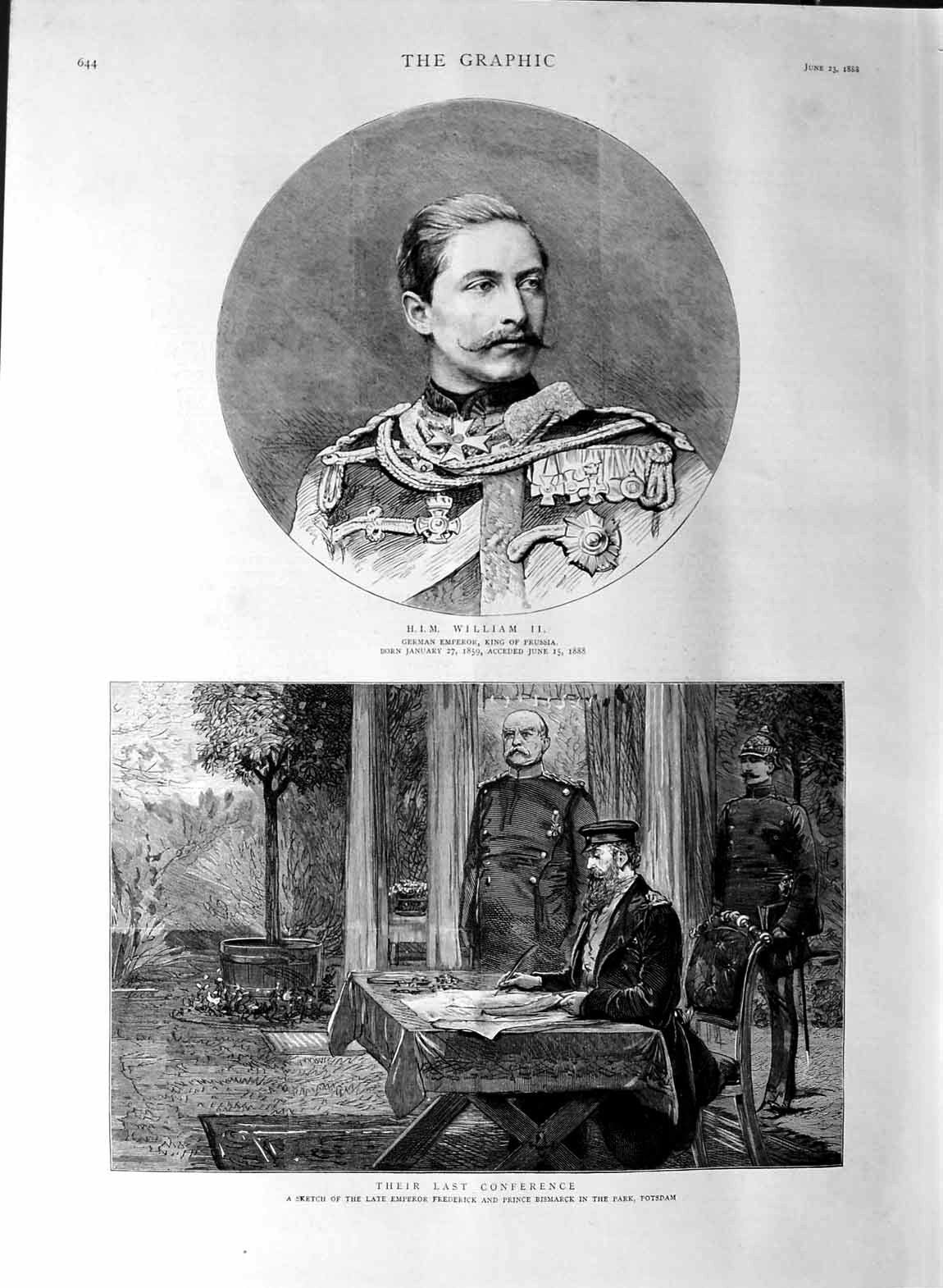 Original Old Antique Print 1888 King Prussia William Emperor Frederick Bismarck