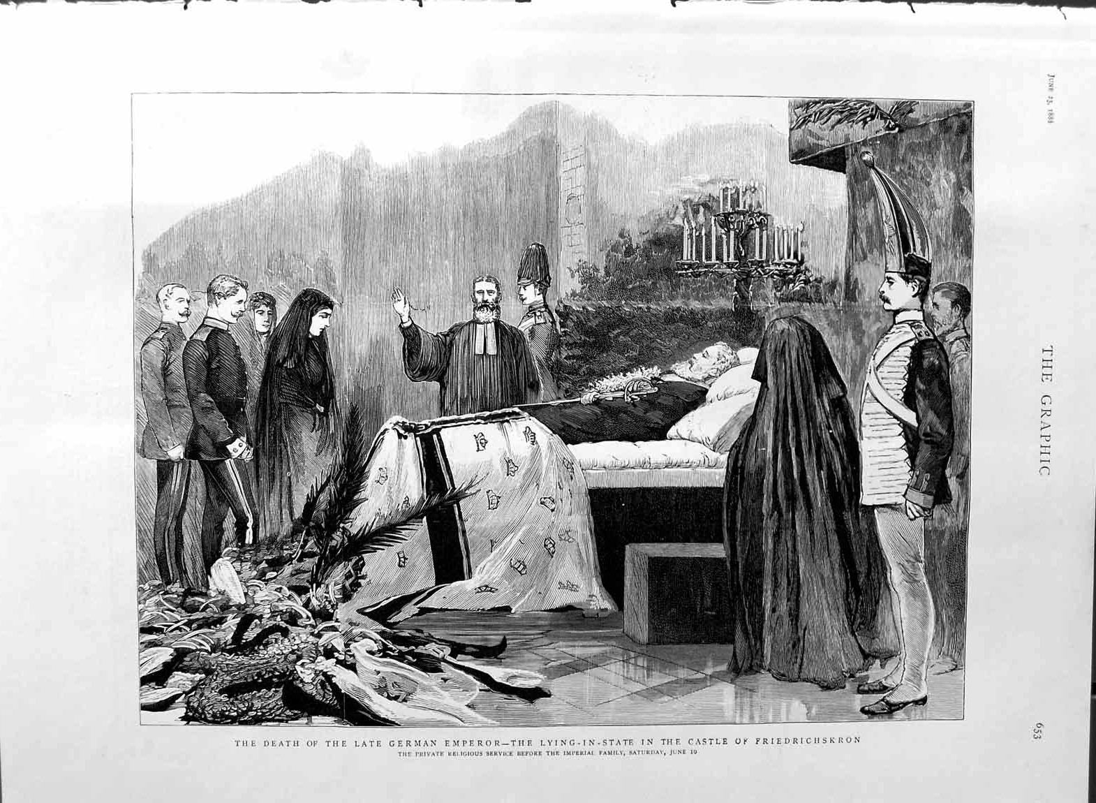 Old Antique Print 1888 Body German Emperor Castle Friedrichskron Funeral 19th