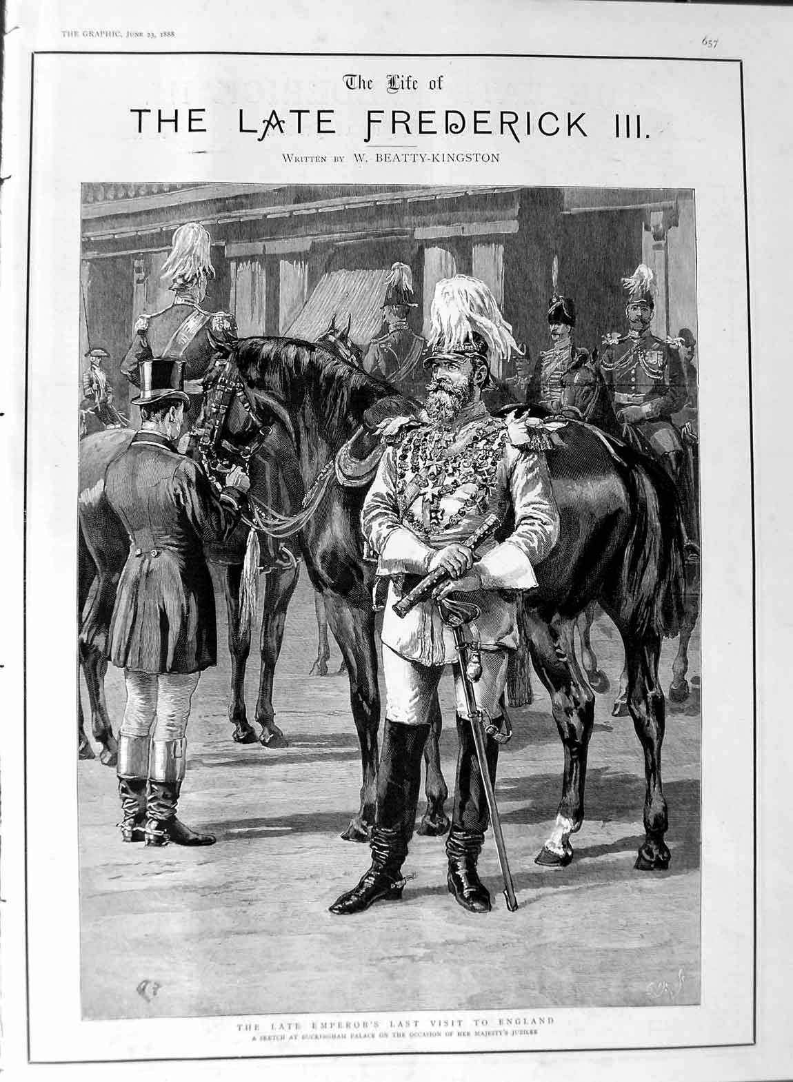 Original Old Antique Print 1888 Emperor Frederick Buckingham Potsdam Jerusalem