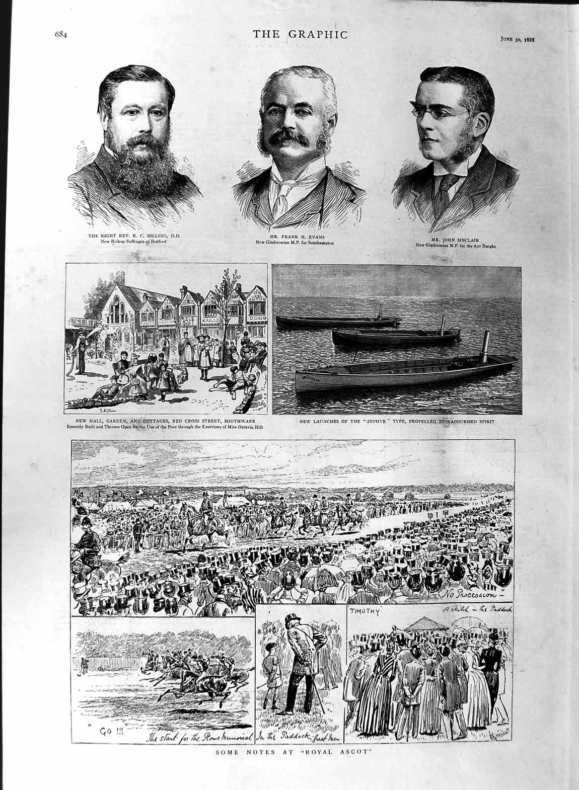 Old Antique Print 1888 Royal Ascot Horse Racing Evans Zephyr Boat Billing 19th