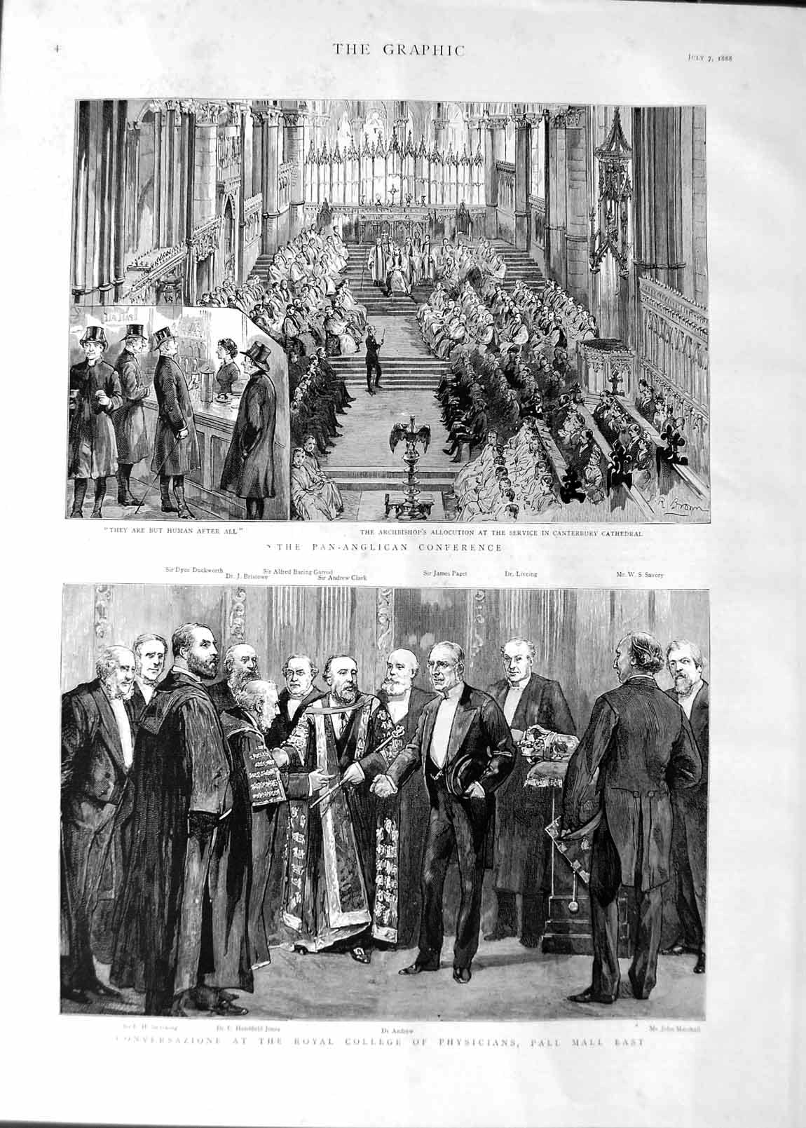 Old Antique Print 1888 College Physicians Pall Mall Canterbury Cathedral 19th