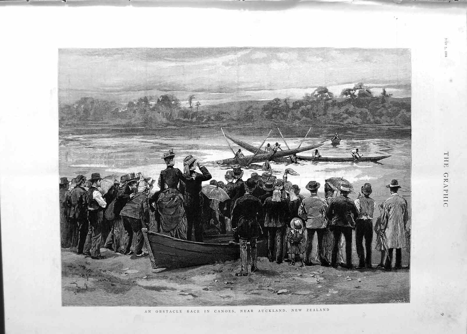 Original Old Antique Print 1888 Obstacle Race Canoes Aukland New Zealand Sport