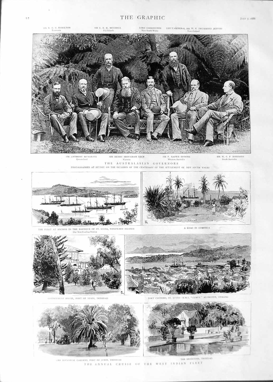Original Old Antique Print 1888 Australia Governors Brougham Broome Trinida 19th