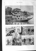 Original Old Antique Print 1888 Hous Boat Japan Siers Camp Donkey Cow Horses