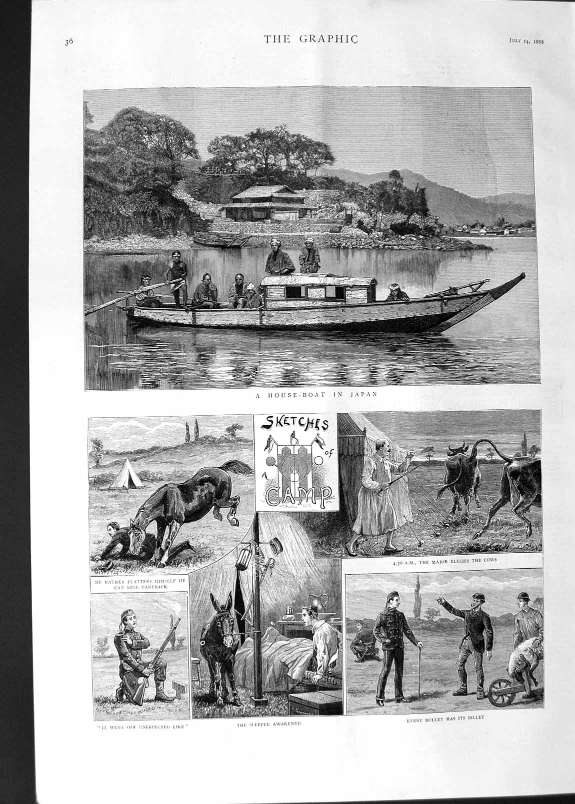 Original Old Antique Print 1888 Hous Boat Japan Siers Camp Donkey Cow Horses