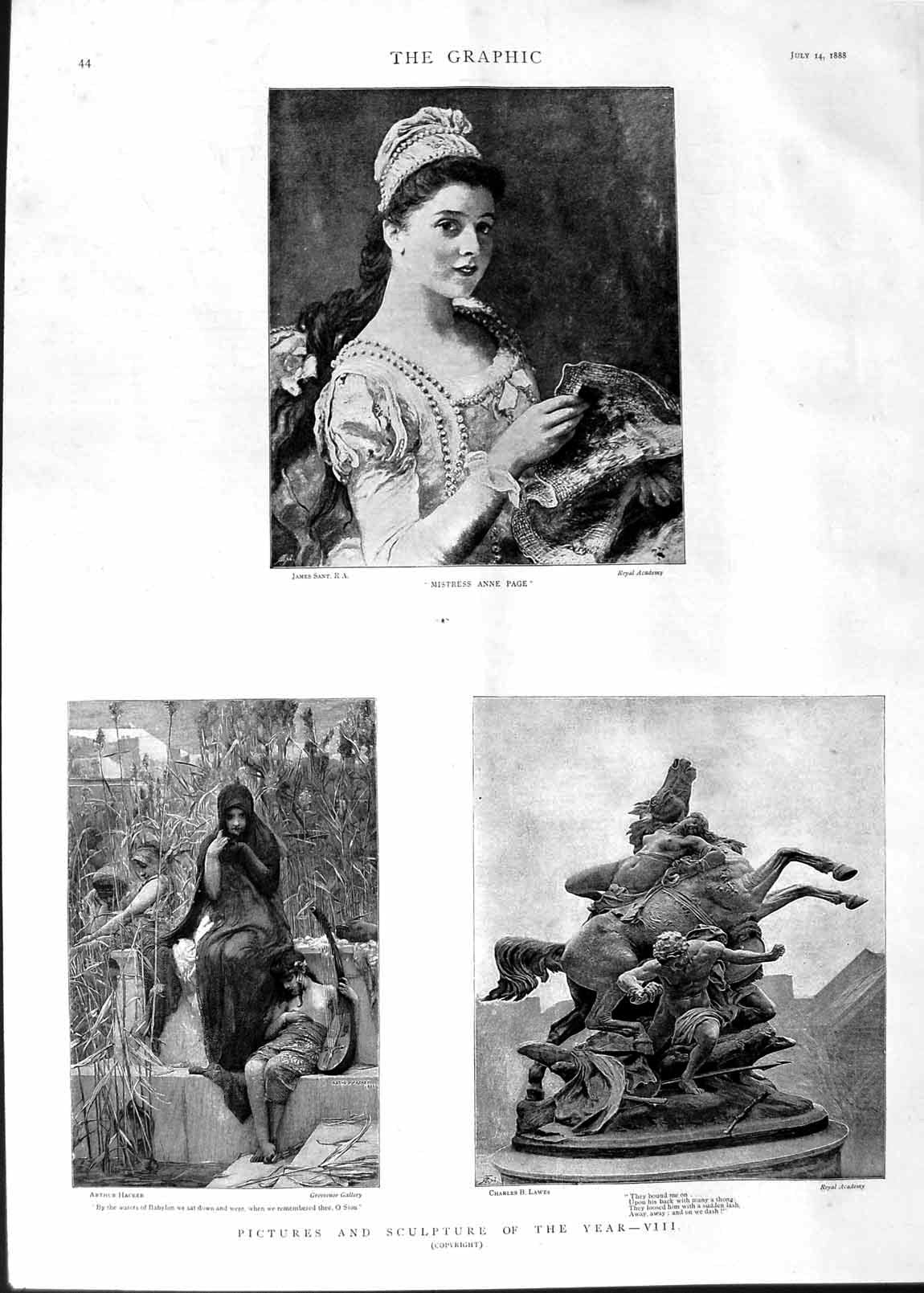 Original Old Antique Print 1888 Art Portrait Anne Page Sculpture Babylon River