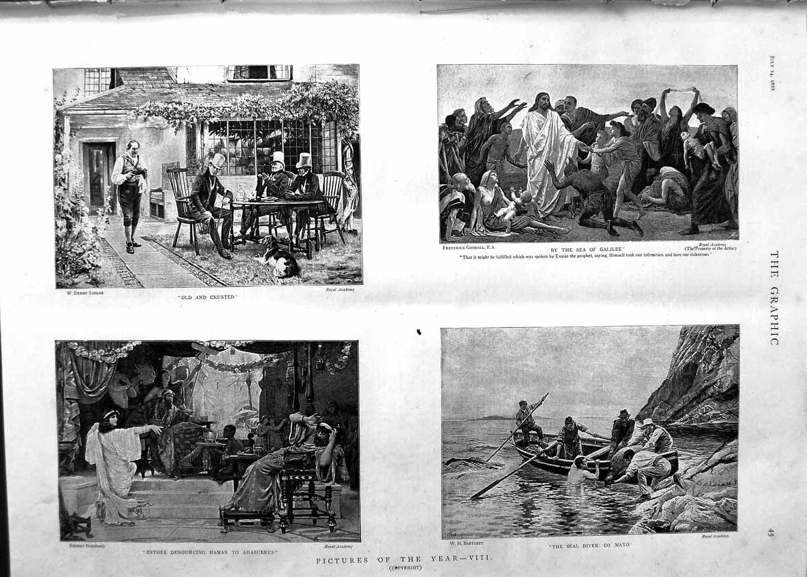 Old Antique Print 1888 Art Seal Diver Mayo Sea Galilee Esther Ahasuerus 19th