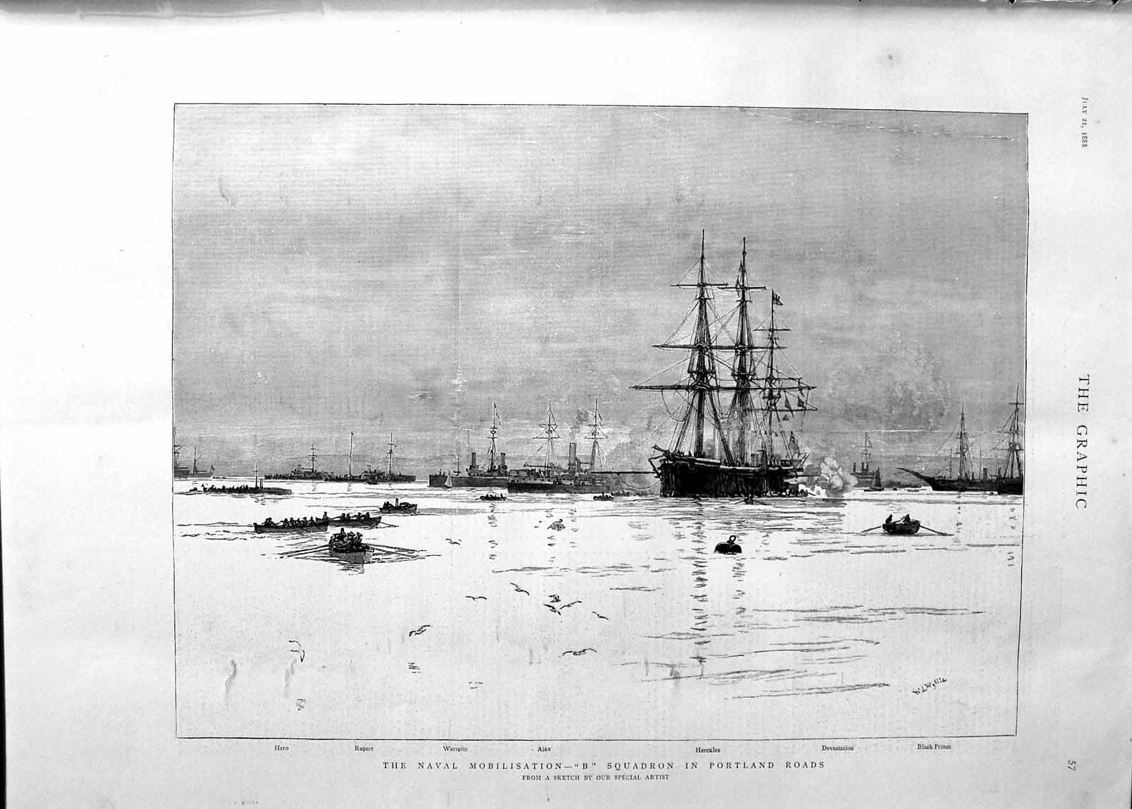 Original Old Antique Print 1888 War Navy Ships Portland Roads Hero Ajax Rupert