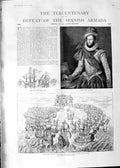 Original Old Antique Print 1888 Spanish Armada Walter Raleigh Isle Wight Ships