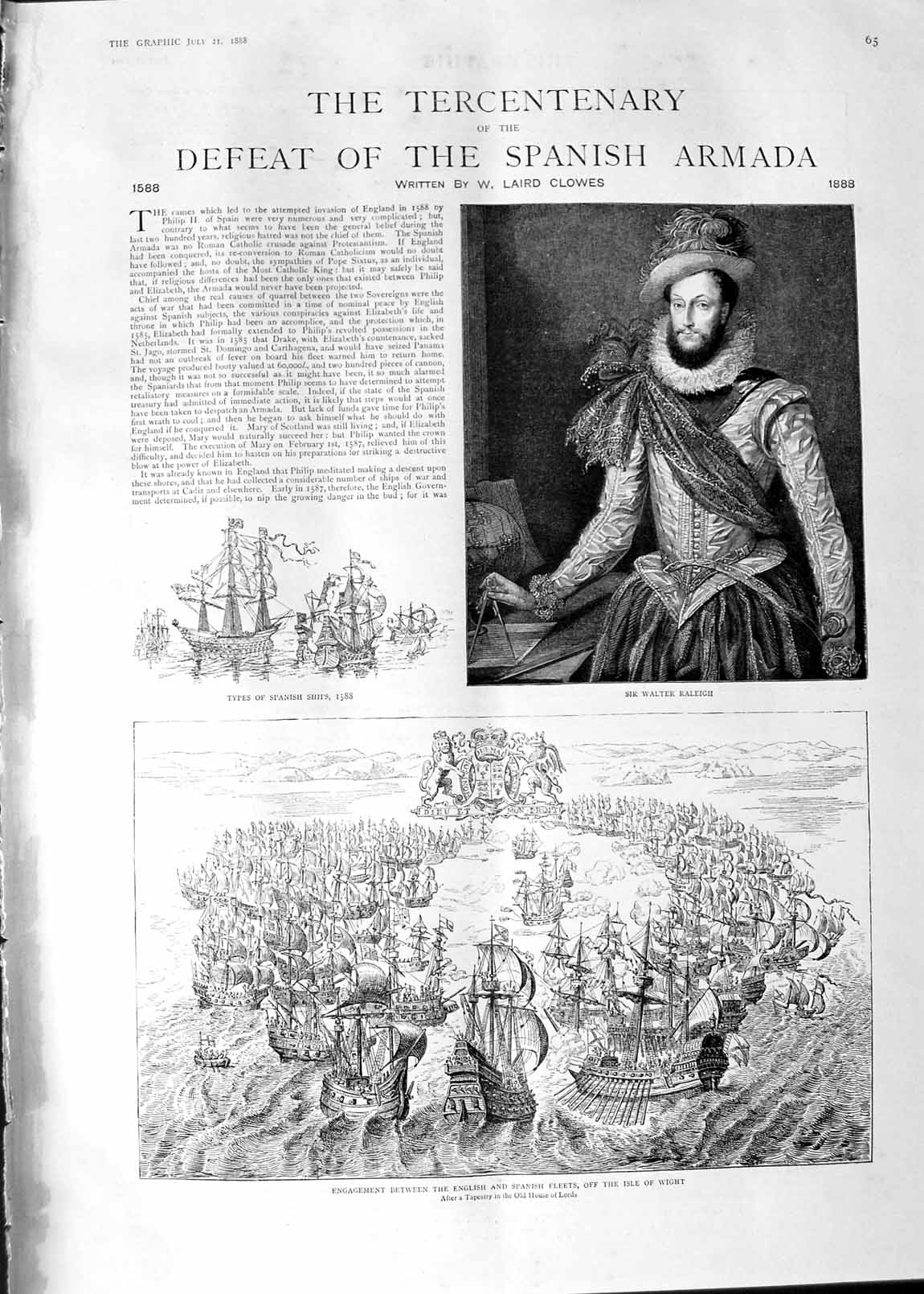 Original Old Antique Print 1888 Spanish Armada Walter Raleigh Isle Wight Ships