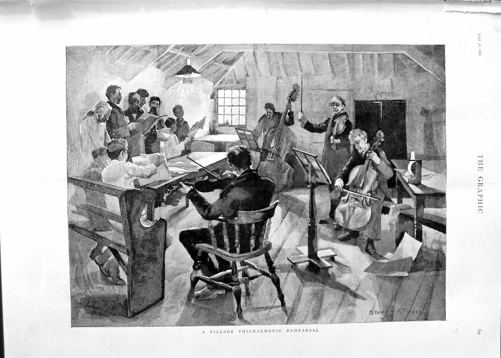Original Old Antique Print 1888 Scene Village Philharmonic Rehearsal Music 19th