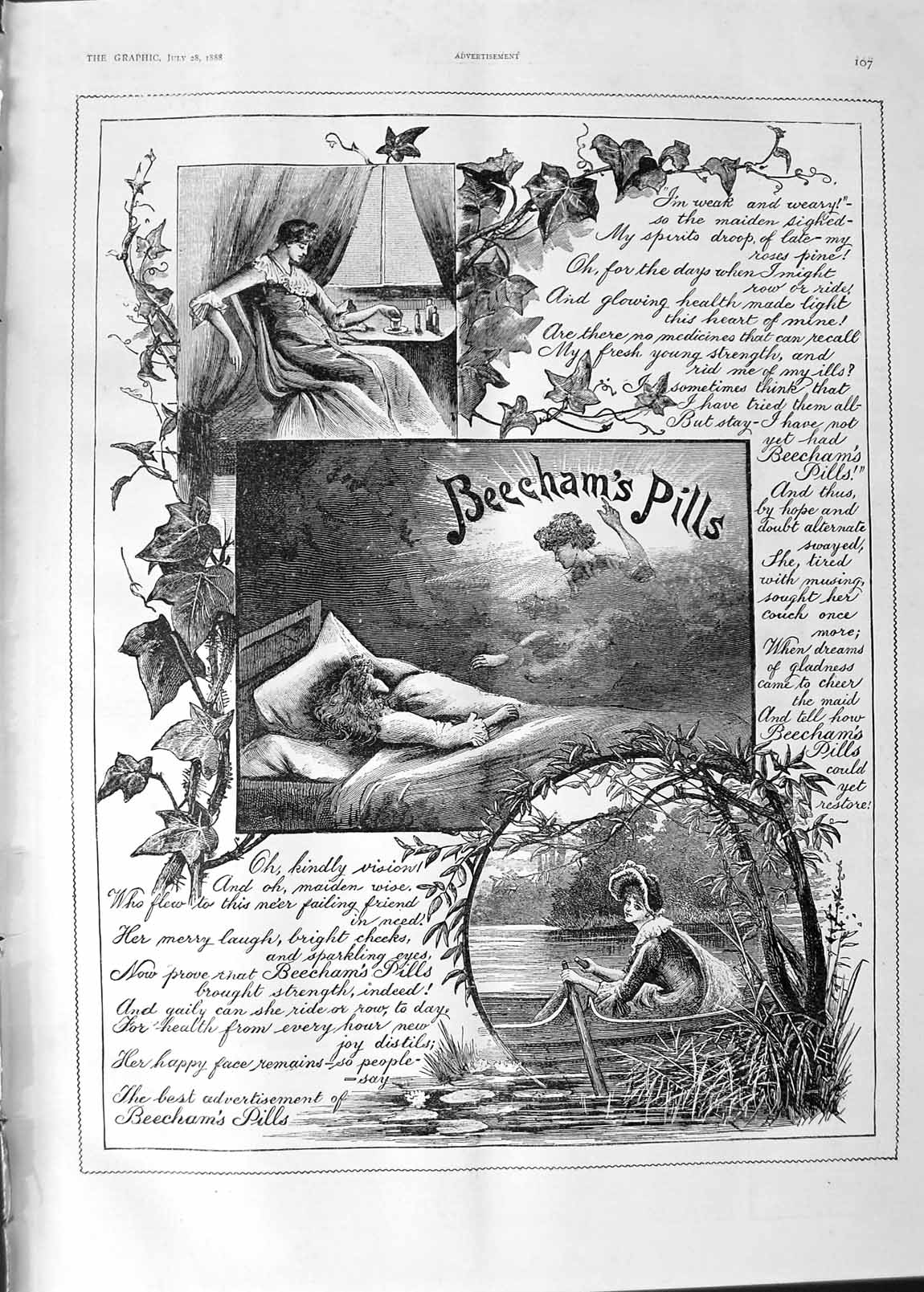 Old Antique Print 1888 Advertisement Beechams Pills Medicine River Boat 19th