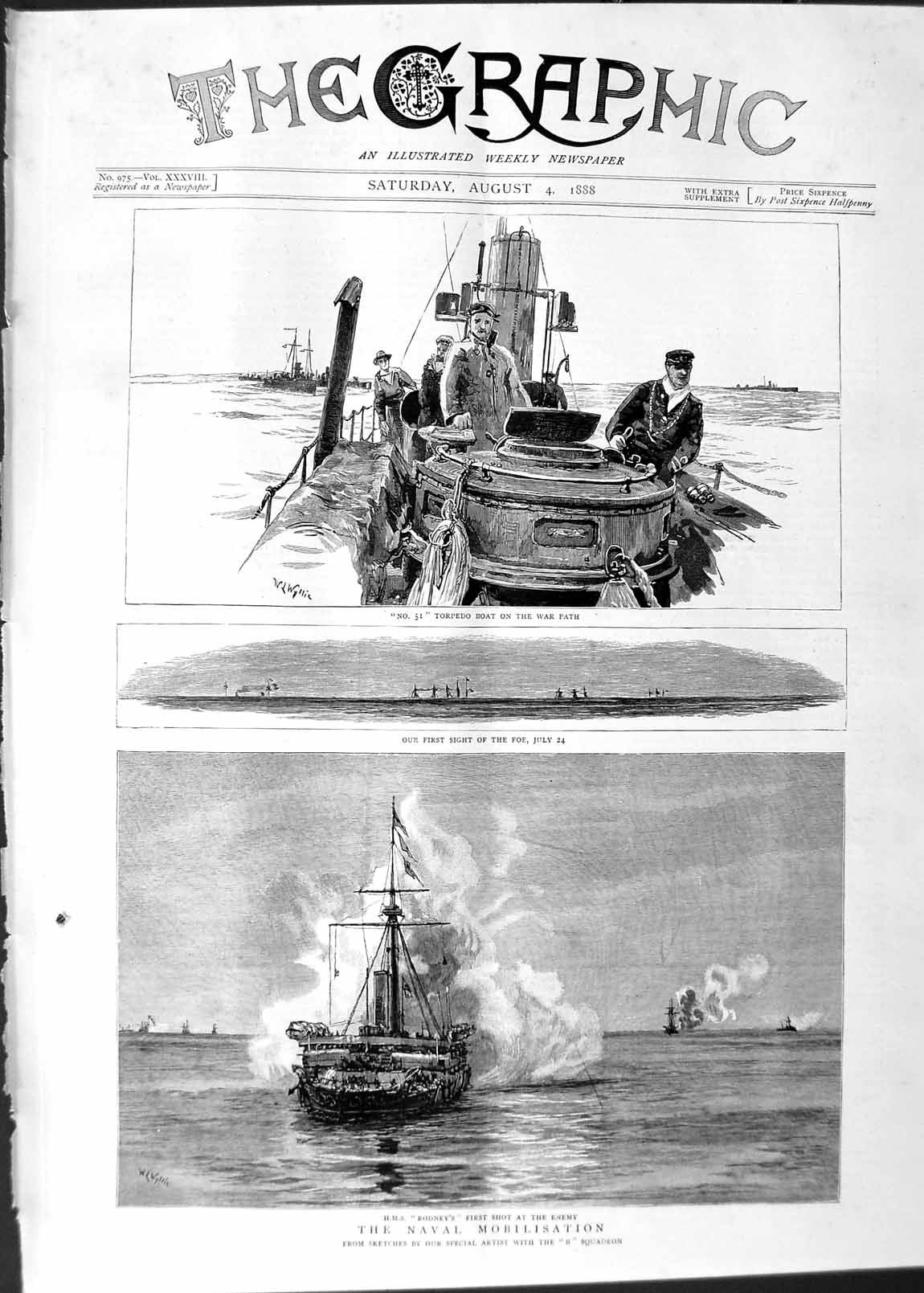 Original Old Antique Print 1888 Navy Ships H.M.S Rodney Torpdo Boat War Battle