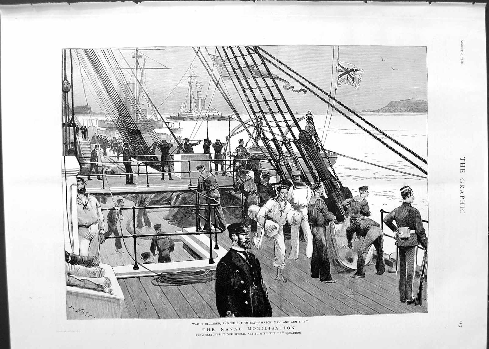 Original Old Antique Print 1888 Navy Ships Sailors War Scene Naval Mobilisation