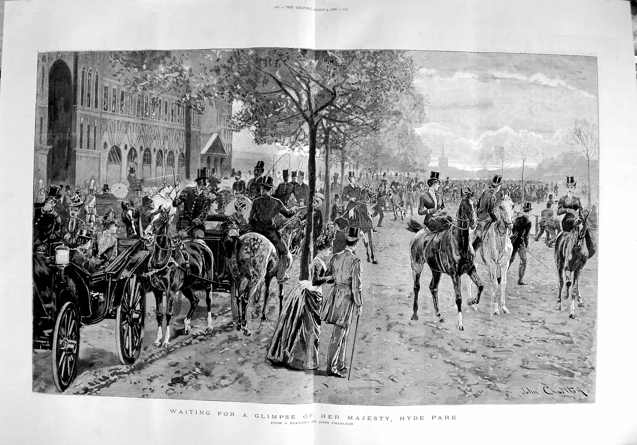 Old Antique Print 1888 Scene Hyde Park London Waiting For Queen Charlton 19th