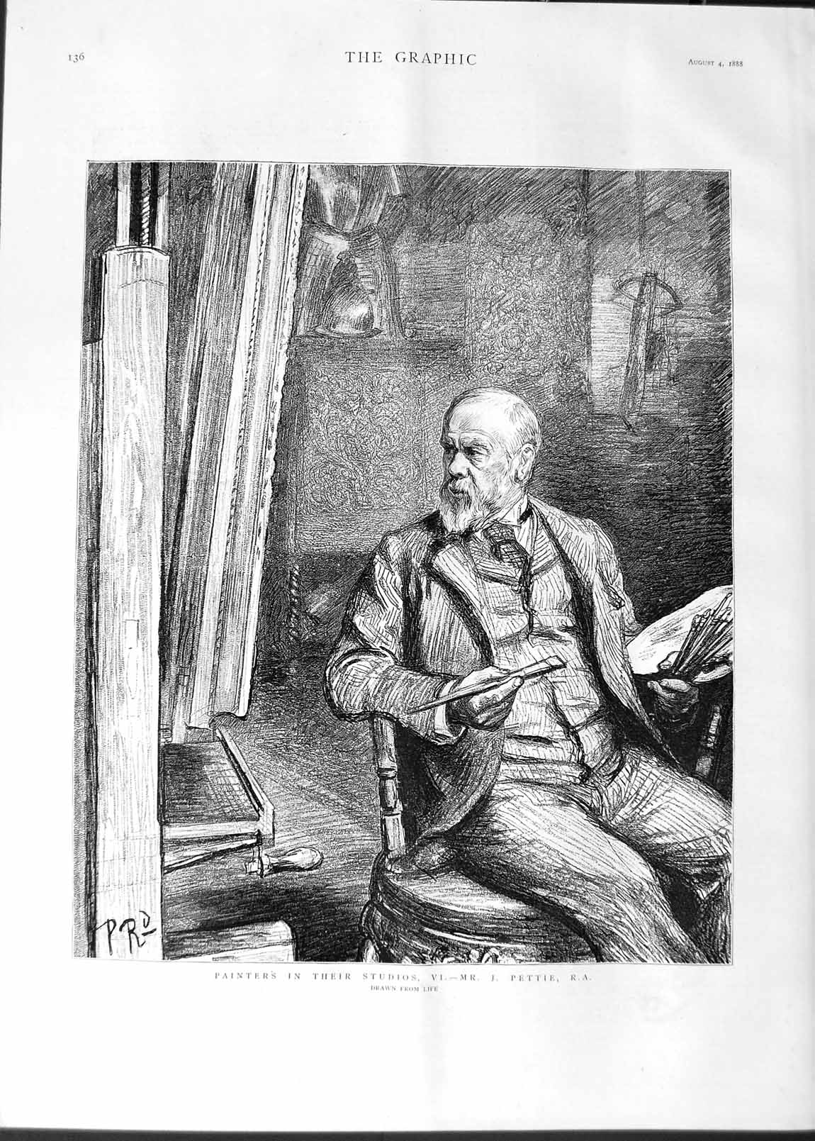 Original Old Antique Print 1888 Art Painters Studio Mr J. Pettie Suit Armour