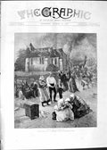 Original Old Antique Print 1888 Scene Fire Village Church Smoke People Fine Art