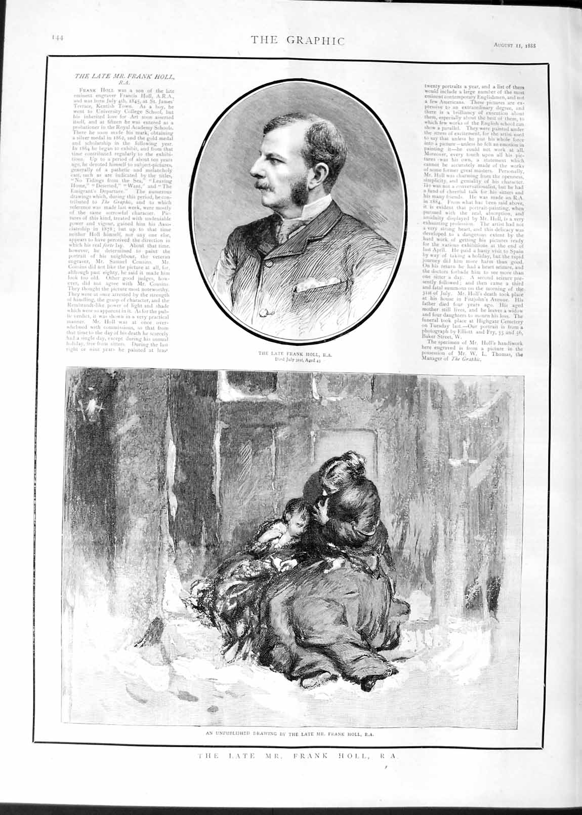 Original Old Antique Print 1888 Portrait Mr Frank Holl Lady Little Girl 19th