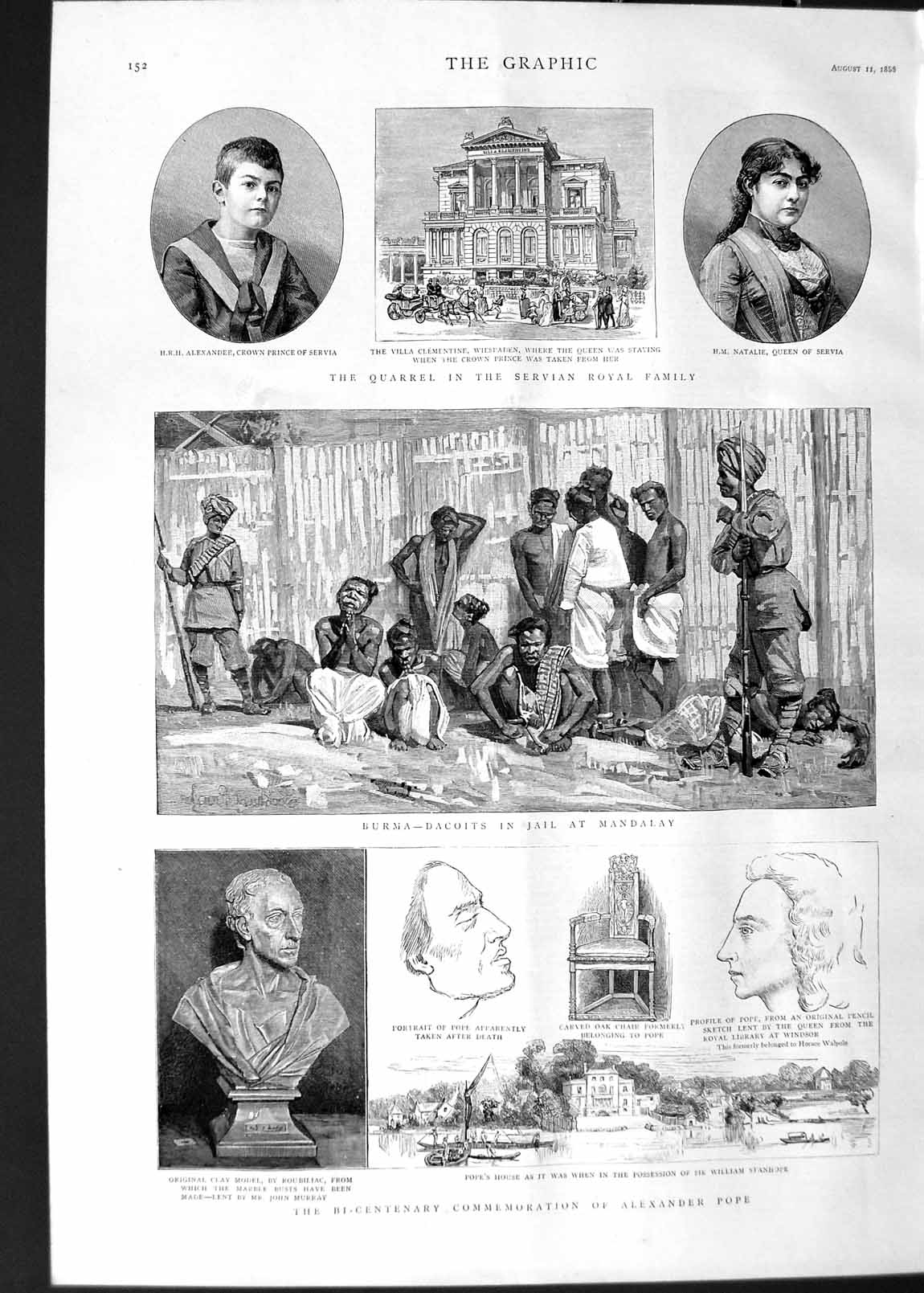 Old Antique Print 1888 Alexander Pope Burma Dacoits Servian Royal Family 19th