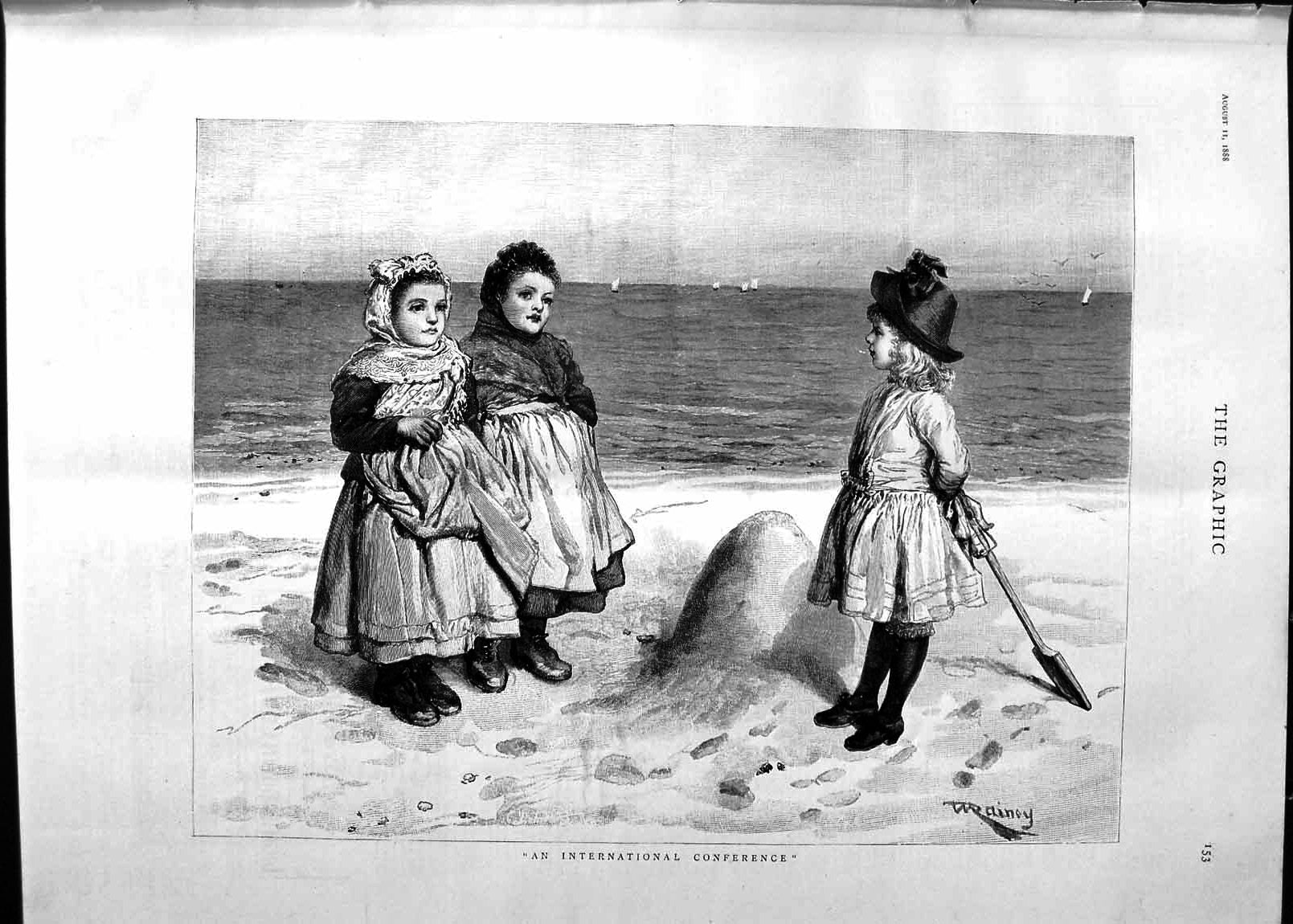 Original Old Antique Print 1888 Scene Children Beach Sea-Side Sand Victorian