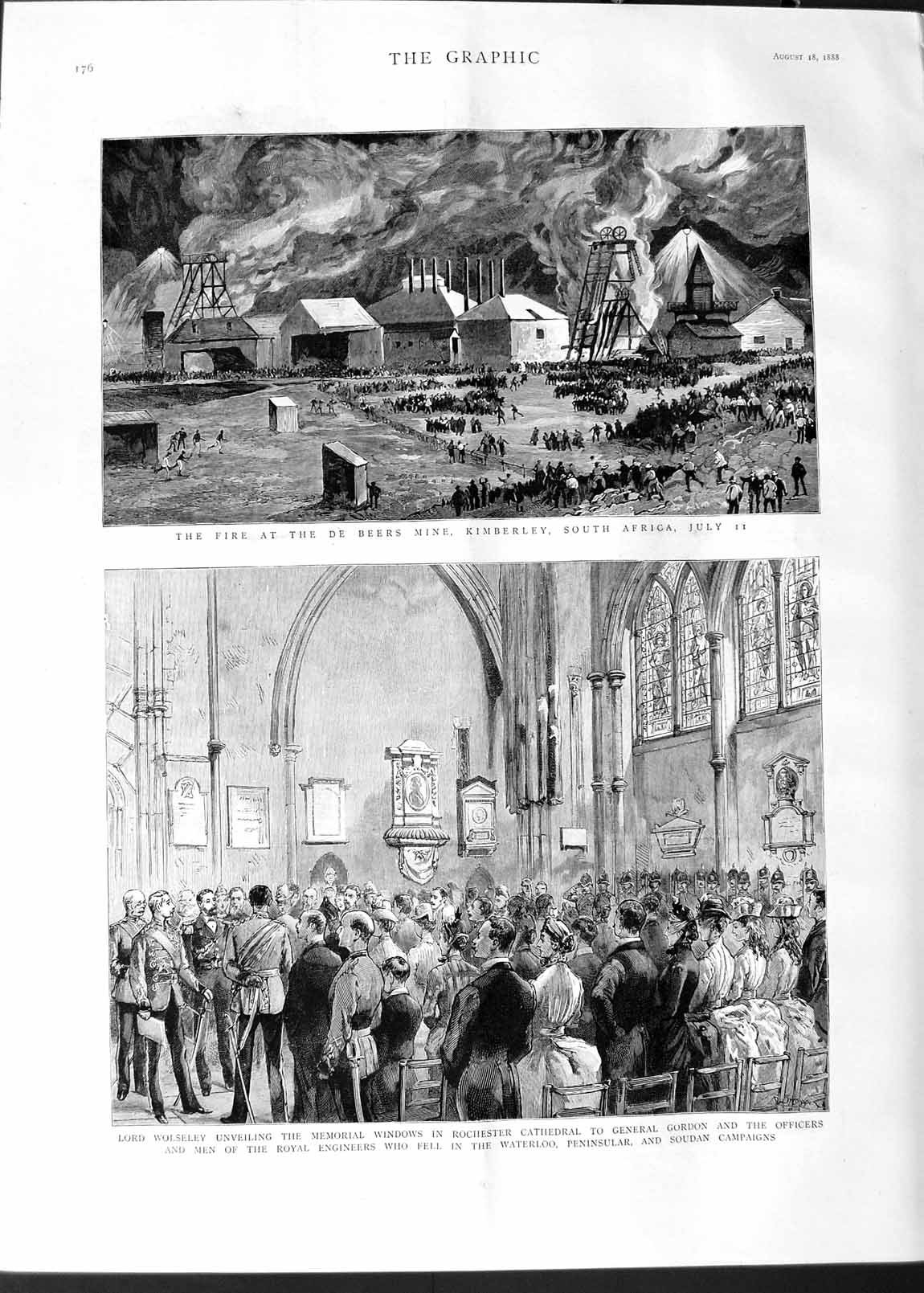 Original Old Antique Print 1888 Fire Beers Mine Kimberley Africa Lord Wolseley