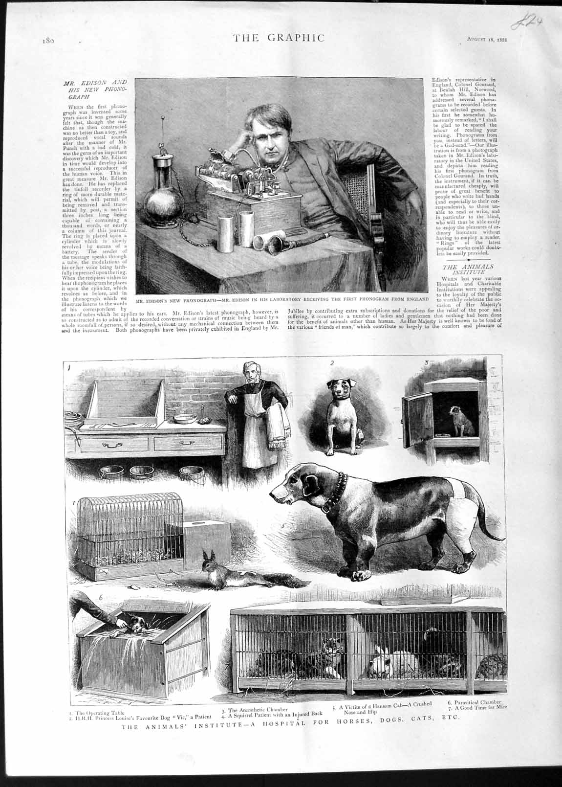 Old Antique Print 1888 Edison Laboratory Phonogram Animal Hospital Dogs 19th
