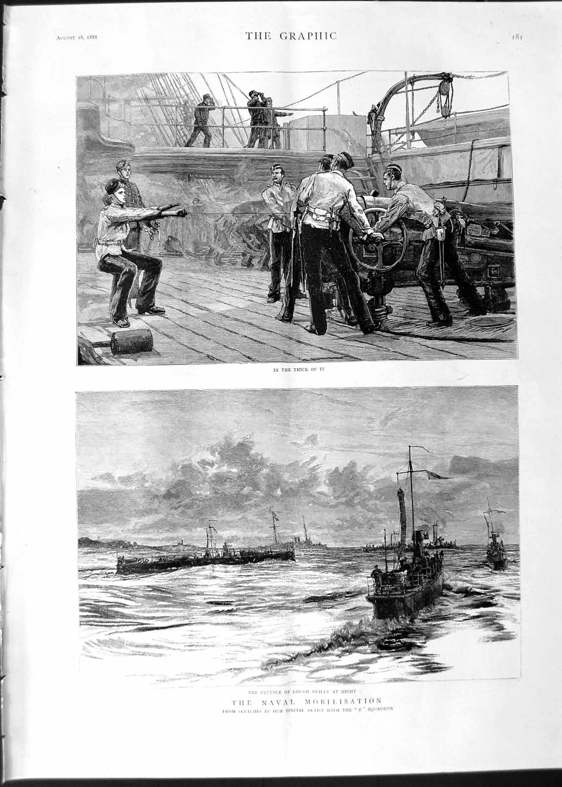Original Old Antique Print 1888 Navy Ships Sailors Scene Defence Lough Swilly