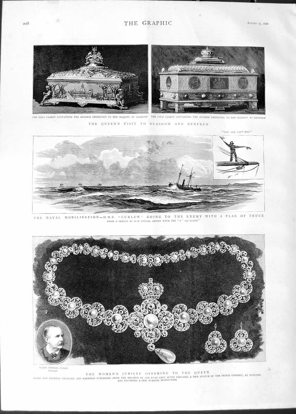 Original Old Antique Print 1888 Major Tully Necklace Queen Chip Curlew Glasgow