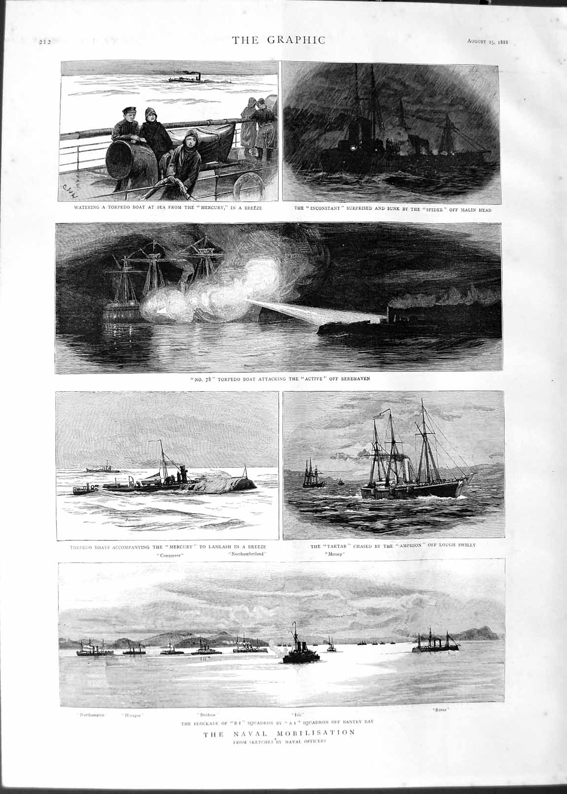 Old Antique Print 1888 Navy Ships Hotspur Benbow Mercury Berehaven Iris 19th