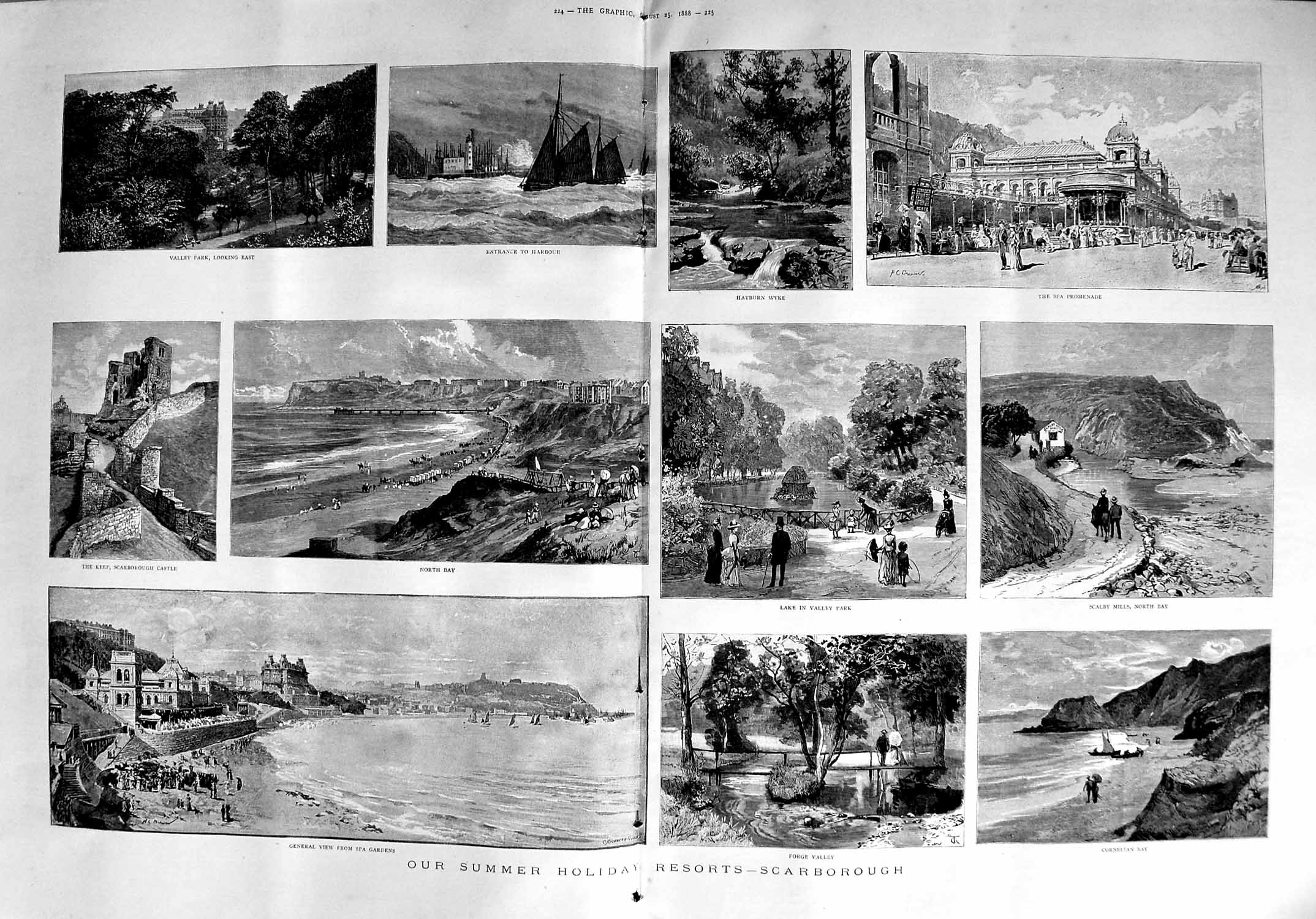 Original Old Antique Print 1888 Scarborough Harbour Cornelian Bay Scalby Mills