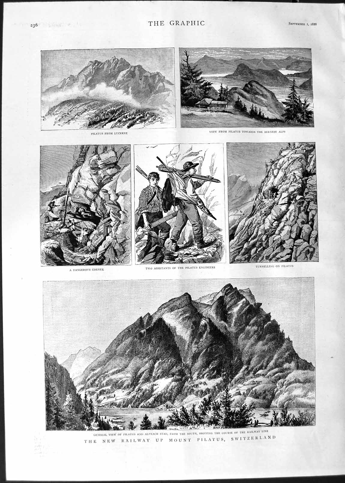 Original Old Antique Print 1888 Railway Mount Pilatus Switzerland Bernese Alps