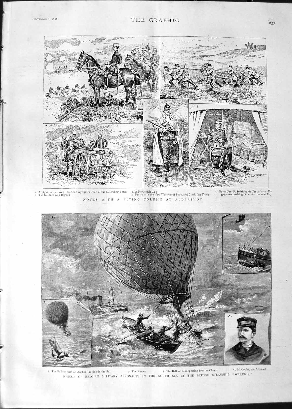 Original Old Antique Print 1888 Coulet Aeronaut Balloon Warrior Ship Aldershot